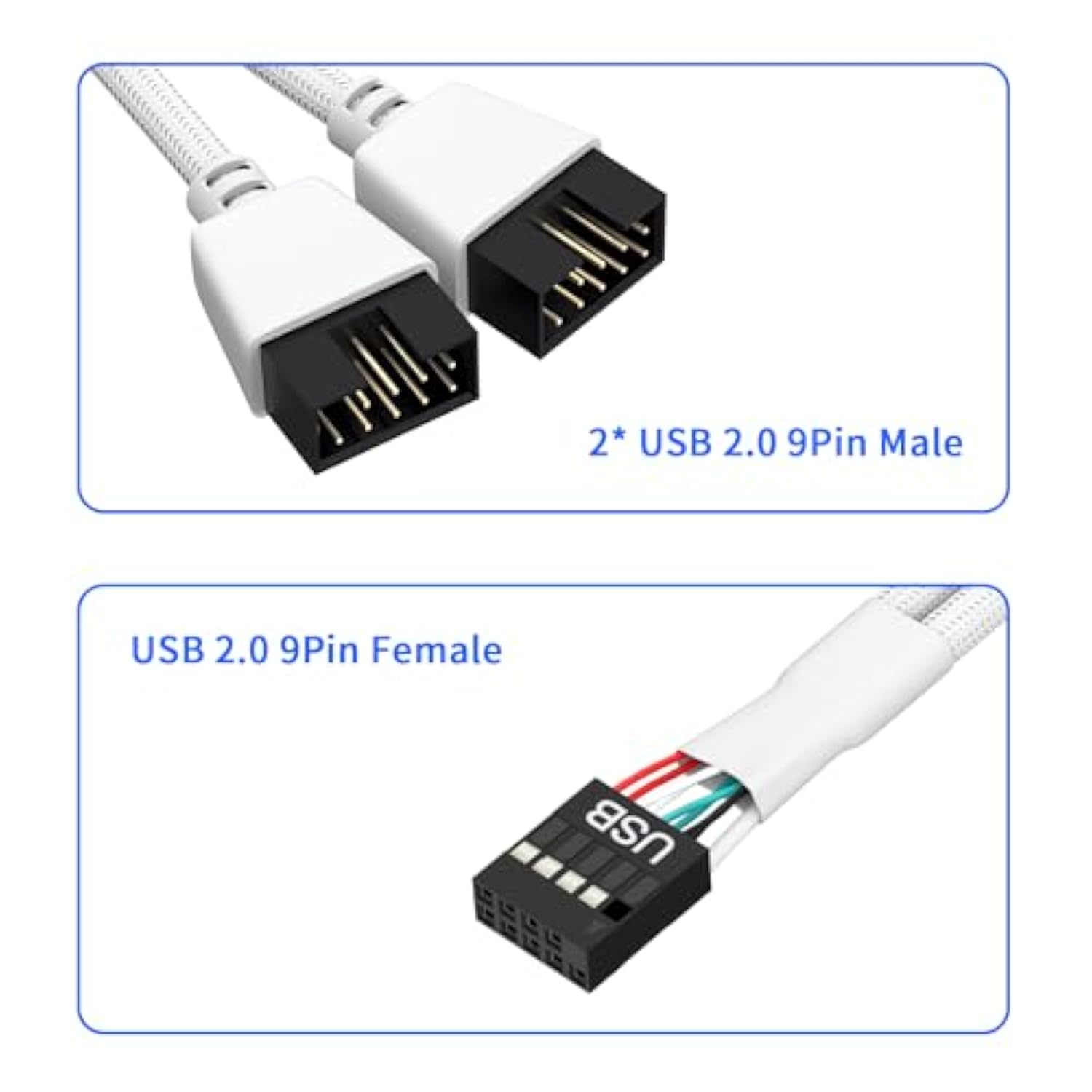 2 Pack Motherboard Usb 2.0 To Dual 9 Pin Extension, Usb Header Splitter For Internal Motherboard (Braided White)