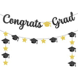 Pre-Strung Graduation Banner Sign, Glitter Congrats Grad Banner, Black Gold