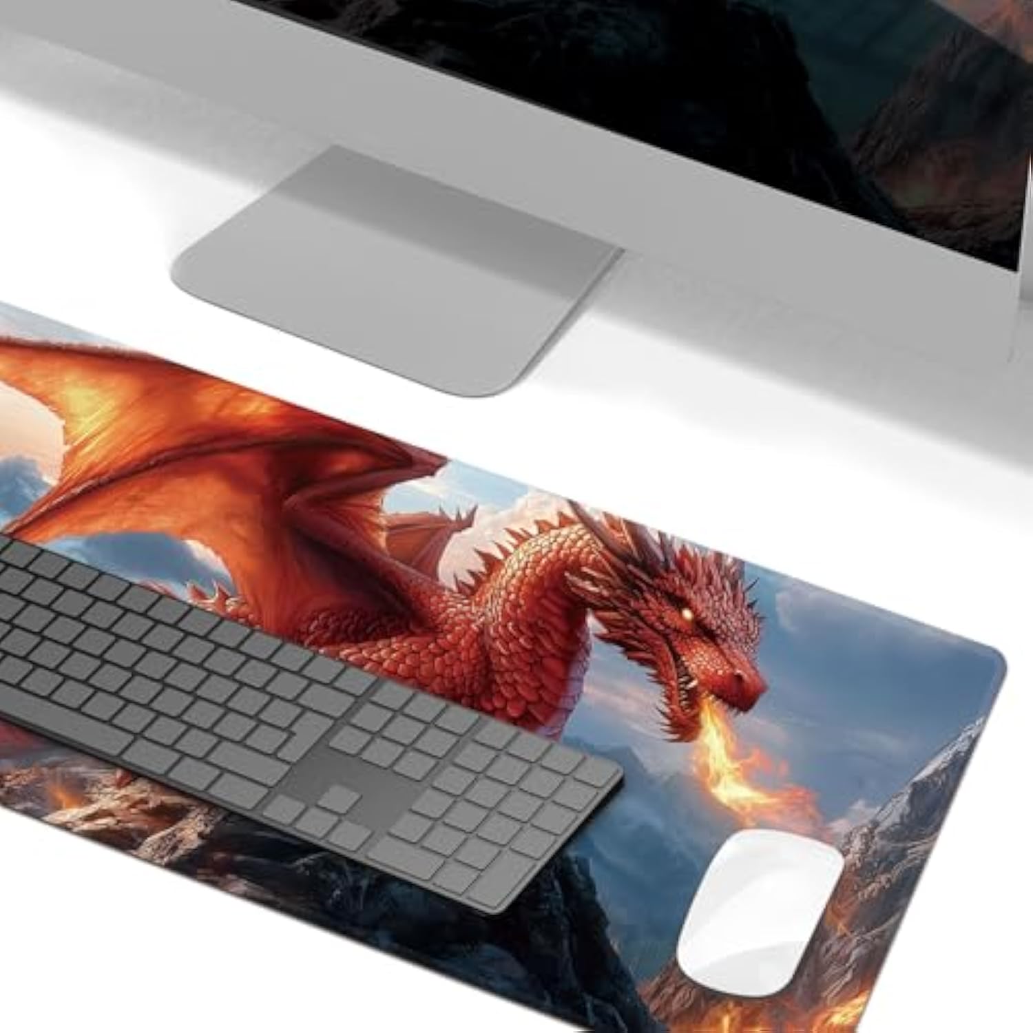 Red Dragon Large Mouse Pad, Extended Gaming Desk Mat 27.5X11.8 Inches With Non-Slip Rubber Base & Stitched Edges, Waterproof Desk Mat For Office, Home, Laptop, And Computer Keyboard