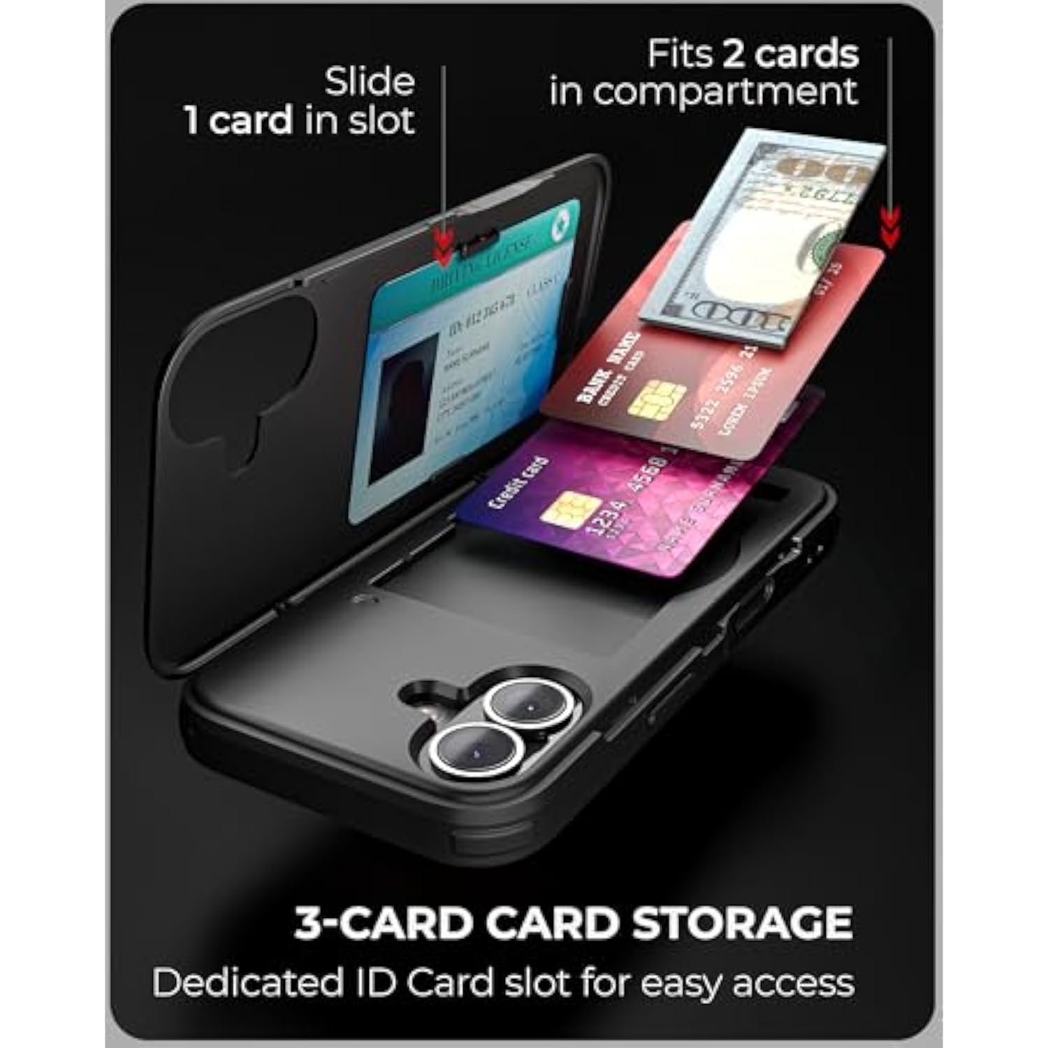 Cx Slim For Iphone 16 Case Wallet | Protective Shockproof Heavy Duty Cover With Hidden Card Holder & Card Slot | Mirror & Wrist Strap Included - Black