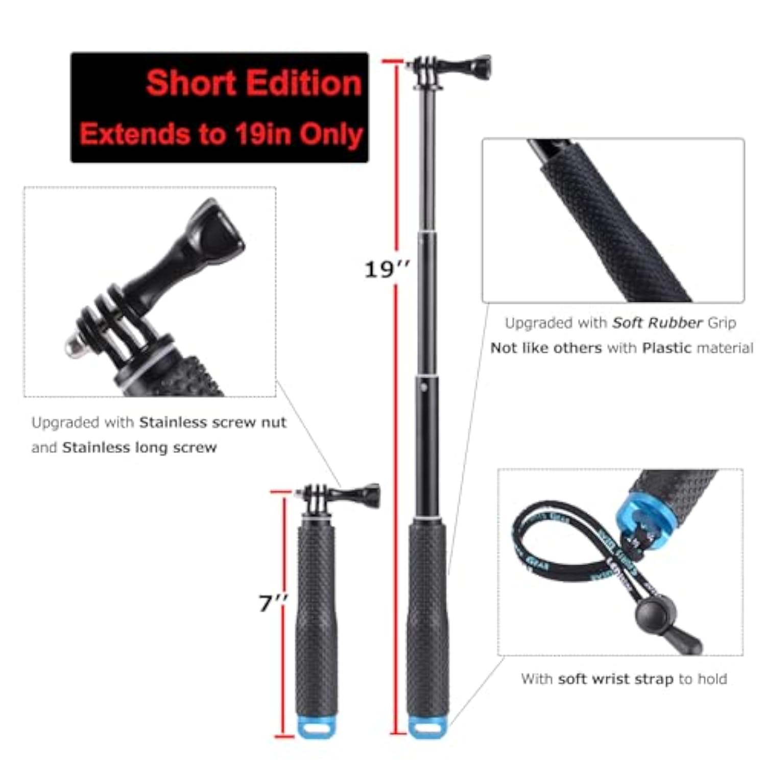 19 Inch Compact Selfie Stick Adjustable Waterproof Monopod for GoPro and Action Cameras