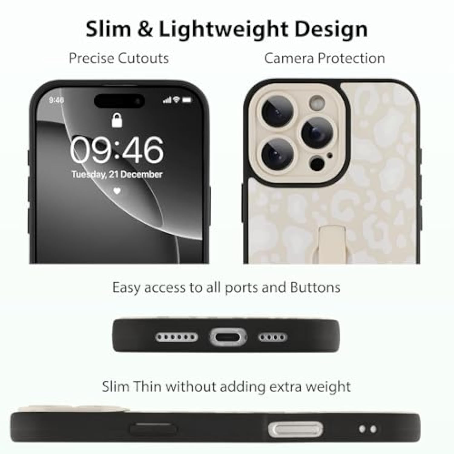 For Iphone 16 Pro Case White Leopard Print Pattern Cute Cheetah Wristband Stand Phone Cover For Women Girls Men Shockproof Slim Protective Cover For Iphone 16 Pro 6.1 Inch