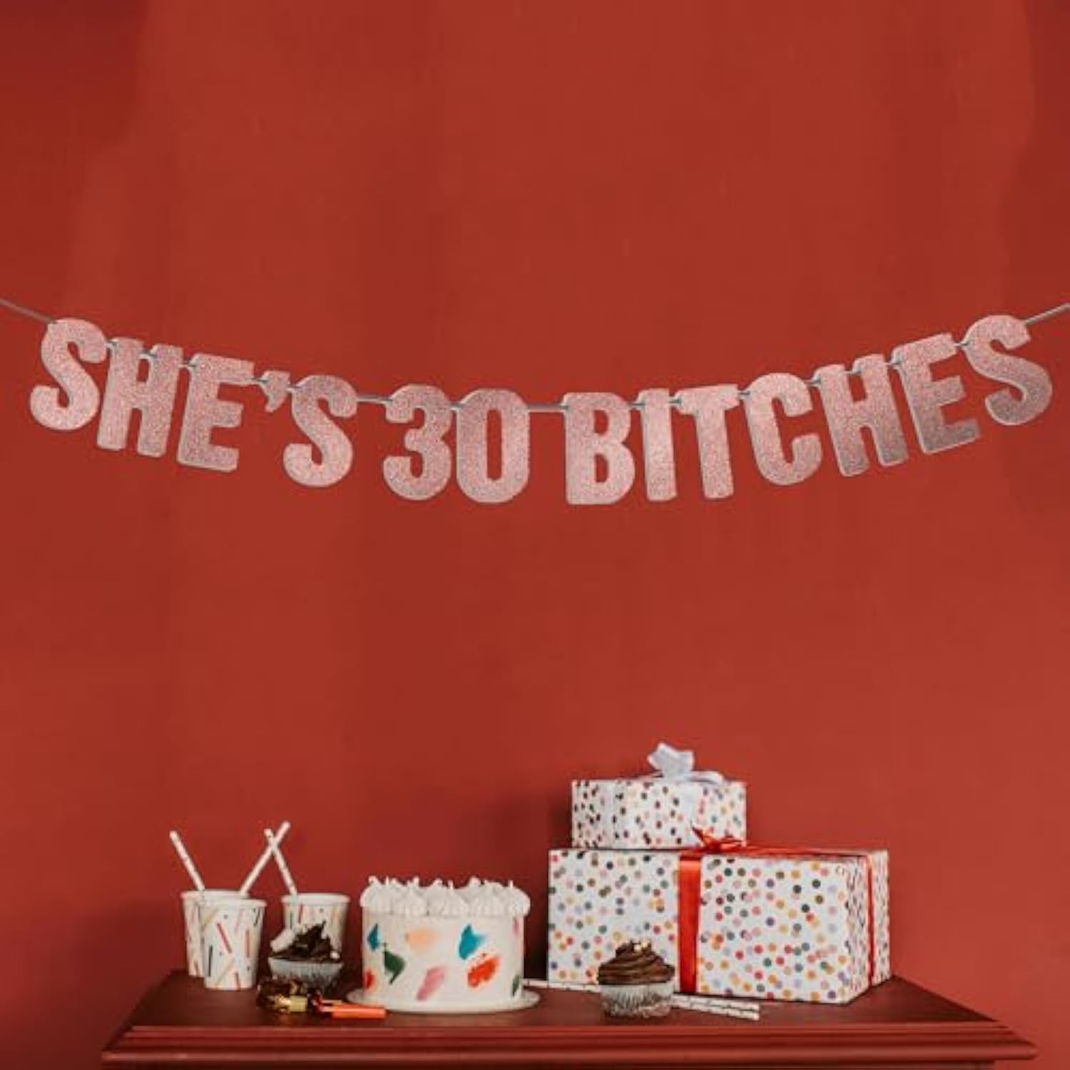 Happy 30th Birthday Rose Gold Glitter Pre-Strung Banner for Women