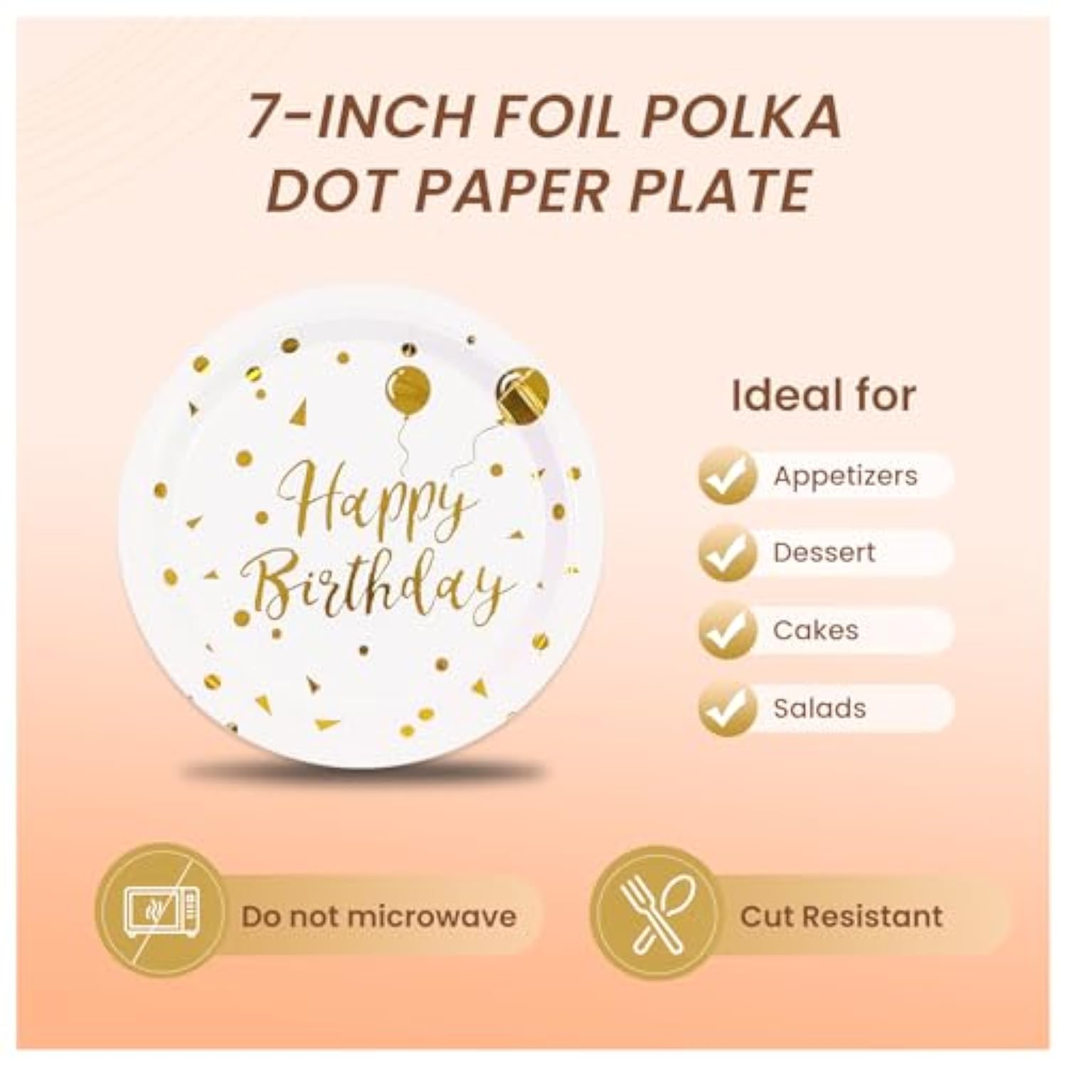 75Pcs Happy Birthday Paper Plates 7" White Gold Dot Set with Napkins & Forks, 25 Guests