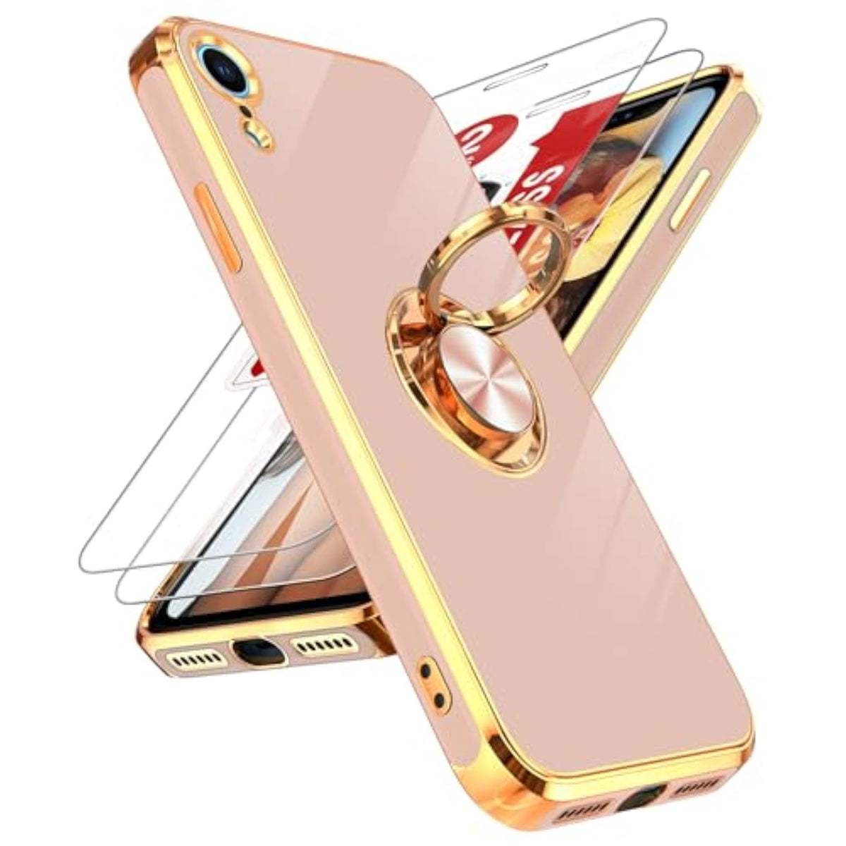 For Xr Case: With Tempered Glass Screen Protector [2 Pack] 360° Rotatable Ring Holder Magnetic Kickstand, Plating Rose Gold Edge For 10 Xr Case, Pink