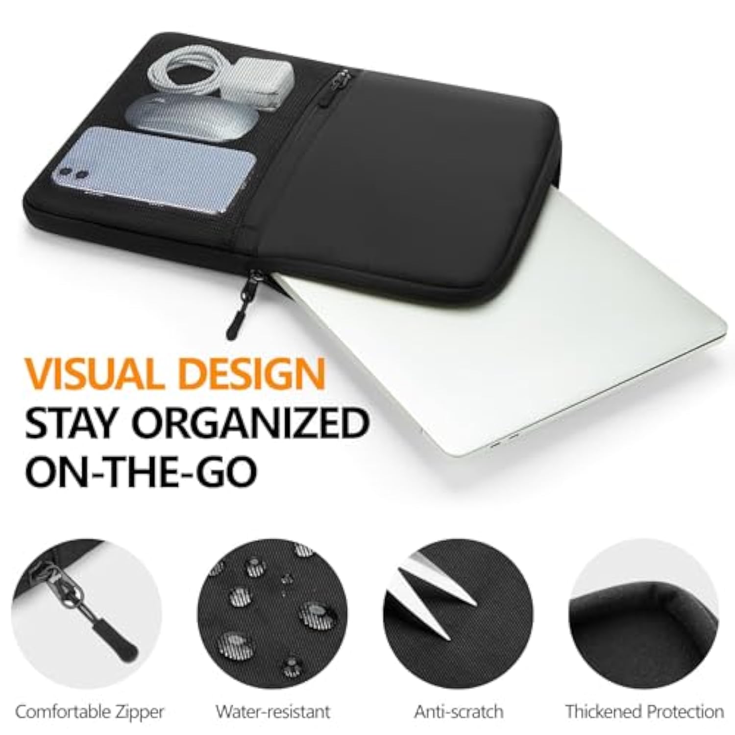 Laptop Sleeve Case 14” To 15” Padded Computer Pounch With Mesh Accessory Pocket Compatible With Macbook Air/Pro Etc., 14 To 15 Inches Shockproof Protective Notebook Carrying Cover Bag Black