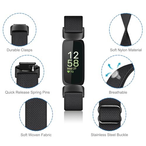Elastic Bands Compatible with Fitbit Inspire 3, Adjustable Stretchy Nylon Loop Band Breathable Replacement Strap Accessory Wristband, Black