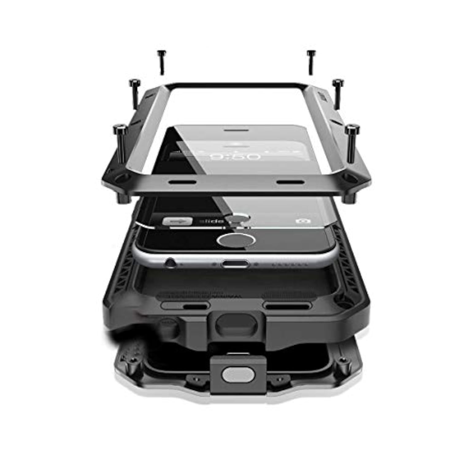 Heavy Duty iPhone 15 Plus Case with Metal Frame and Silicone Screen Protector - Black
