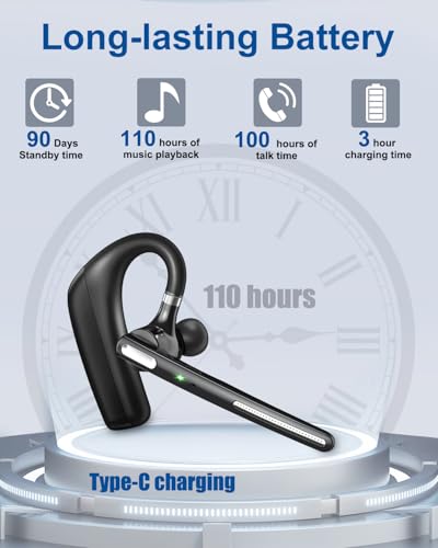 Bluetooth Headset V5.4, Wireless Bluetooth Earpiece With Cvc8.0 Dual Mic Noise Cancelling 110 Hours Talktime For Cell Phone/Iphone And Android Headphones For Trucker/Driver/Business