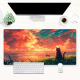 Cute Cat Anime Sunset Ocean Large Gaming Mouse Pad - 31.5X15.7 Inch Xl Extended Desk Mat For Keyboard & Mouse, Kawaii Pc Desktop Decor
