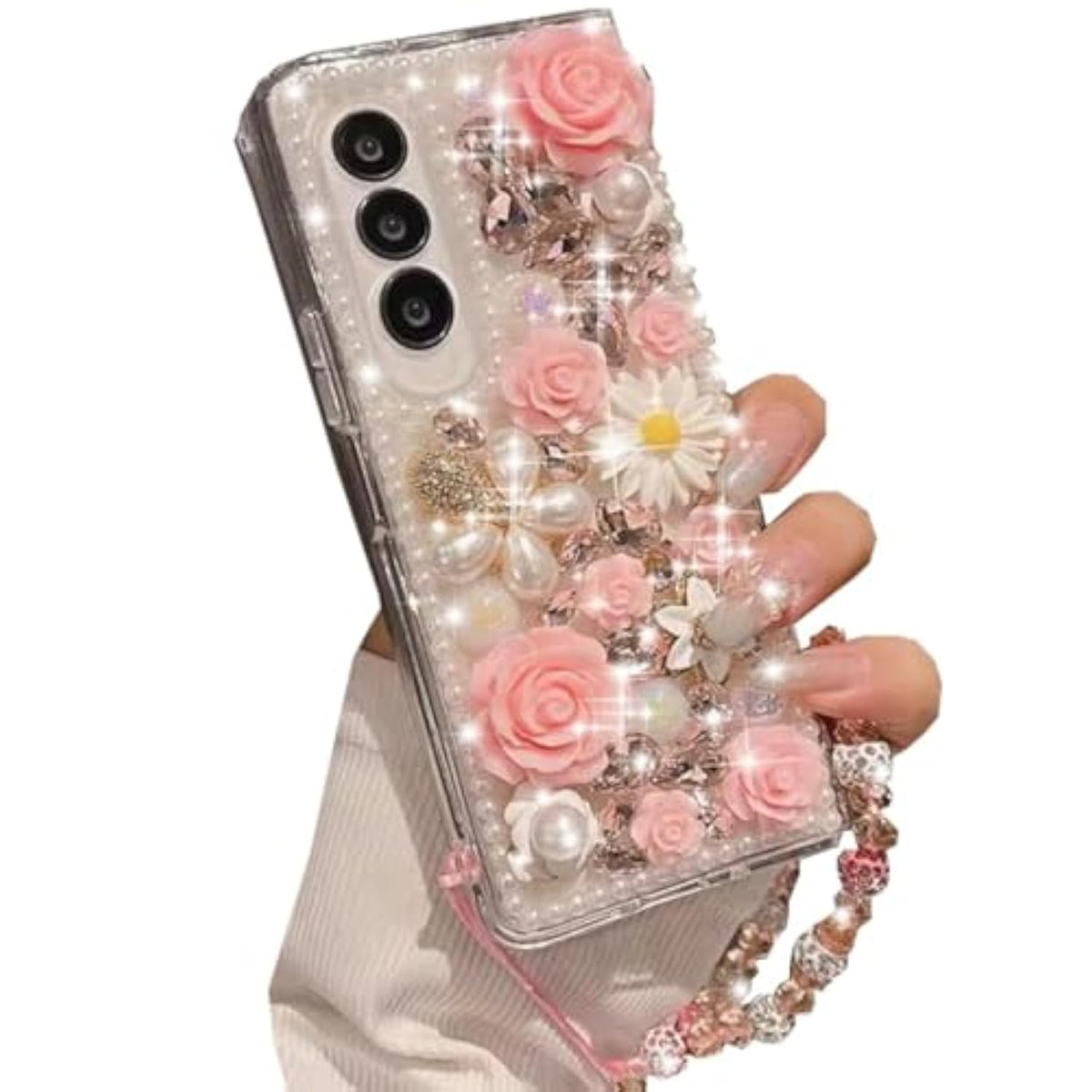 For Samsung Galaxy A16 5G Glitter Bling Case,Cute Luxury 3D Sparkle Crystal Rhinestone Flowers Diamond Pearl With Lanyard Wrist Strap Women Girls Phone Case For Galaxy A16 5G 6.7 Inch (Pink)