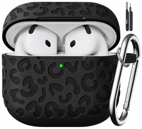 Leopard Carving for AirPods 4 Case 2024,Pattern Design Cute Soft Silicone Protective Cover for Man/Women/Girly - with Keychain &Cleaning Kit(Black)