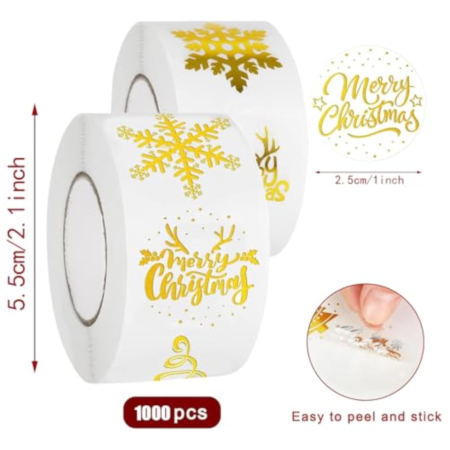 Christmas Roll Stickers Gold Foil Xmas Round Seal Label Self-Adhesive 1000 Pcs 1" Merry Christmas Snowflake Party Favors Card Envelope Craft Gift Decor