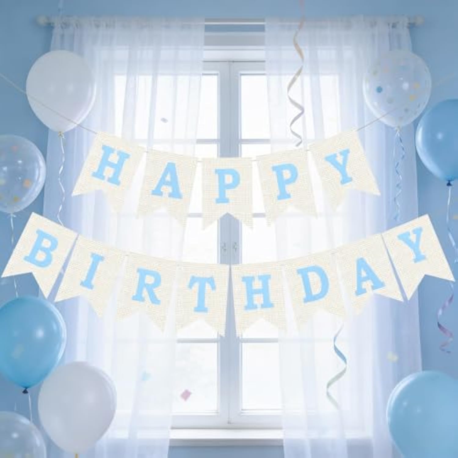 Burlap Happy Birthday Banner, Blue Assembled Happy Birthday Banner Sign Garland For Boys Girls Rustic Party Decorations