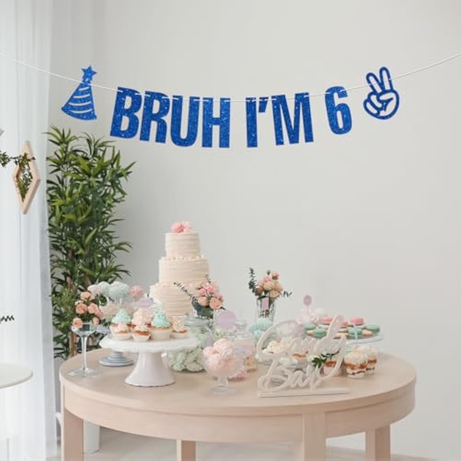 Bruh I'M 6 Banner Blue Glitter 6Th Birthday Party Bunting Garland For Kids Boys Happy 6Th Birthday Party Sign Funny Six Years Old Birthday Party Decoration Supplies