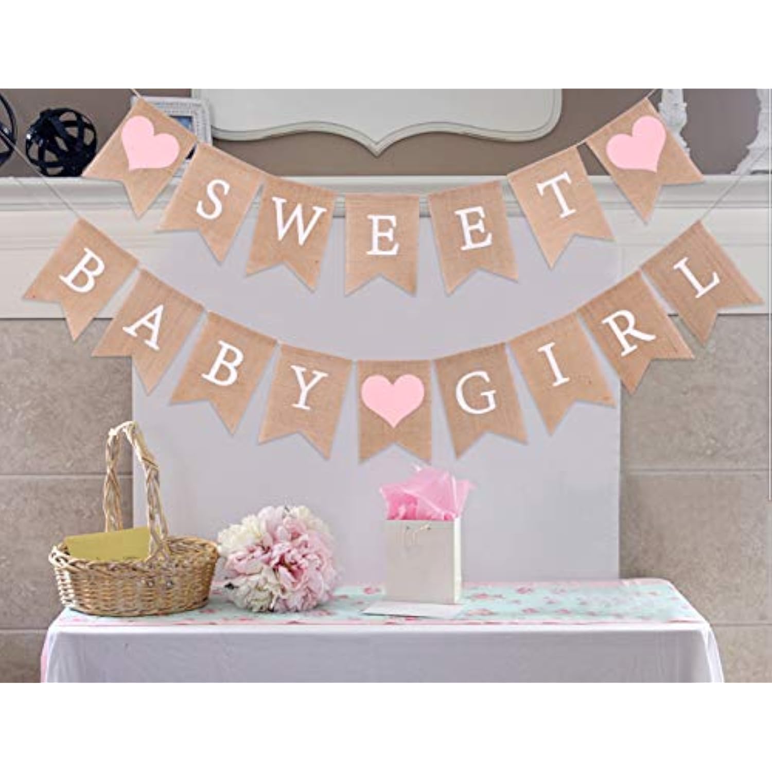 Sweet Baby Girl Burlap Banner, Rustic Baby Shower Decor, Photo Props (Pink)
