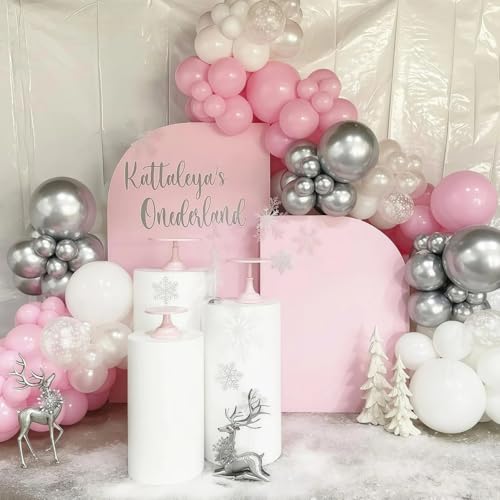 Pink Winter Wonderland Balloon Arch Garland Kit, Pink White Metallic Silver Balloons with Snowflake Star Foil Balloons for Winter Christmas Baby Its Cold Outside Baby Shower Birthday Party Decorations