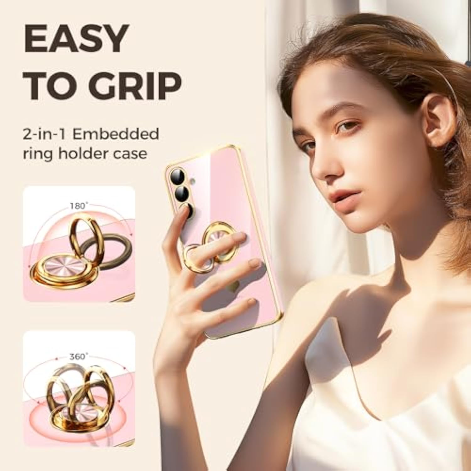 For Samsung Galaxy A16 5G Case With 2 Pack Screen Protector, 360° Rotatable Ring Holder [Luxury Hearts Pattern] Plating Gold Edge Slim Soft Phone Cover Case For Galaxy A16 - Girl Pink
