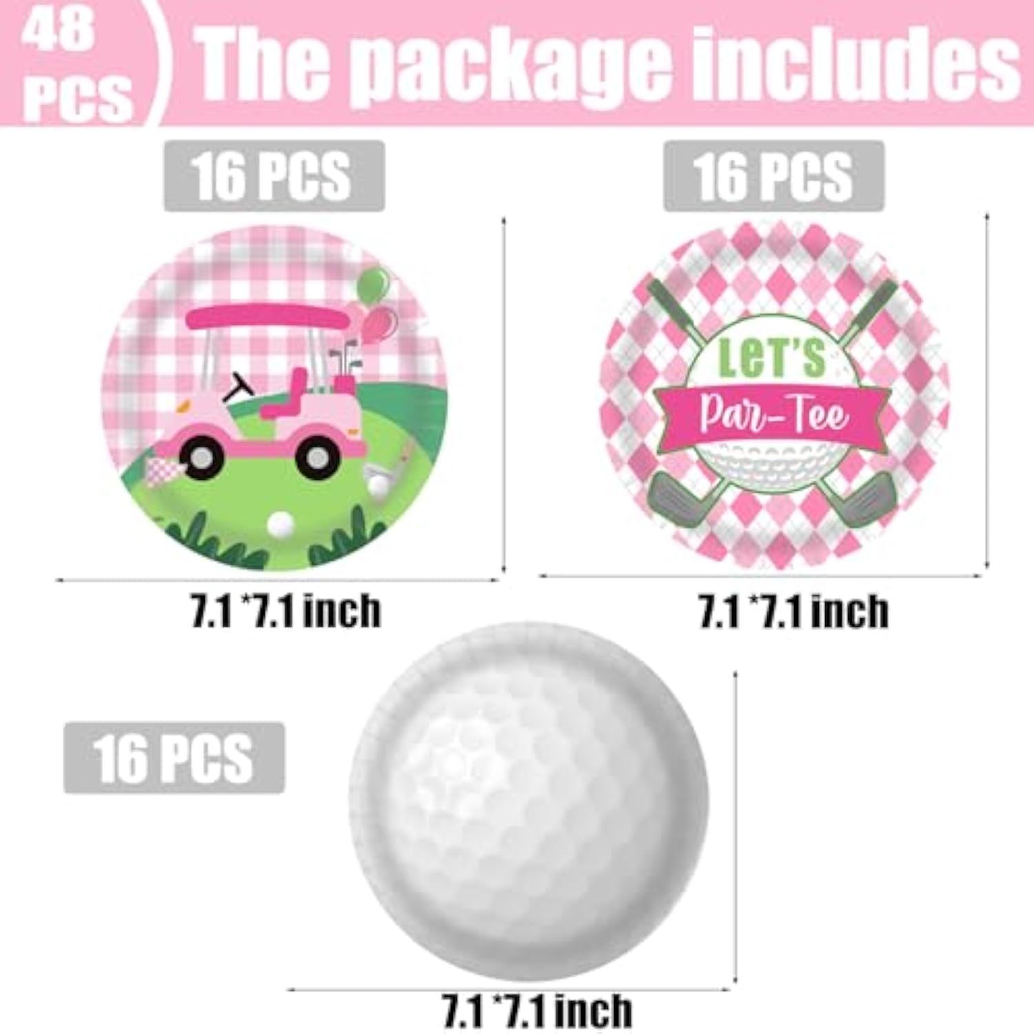 Lets Par-Tee Golf Disposable Paper Plates 48Pcs Pink Golf Birthday Party Supplies Golf Ball Dessert Plates Sport Party Tableware Decor For Girls Golf Theme Baby Shower Decorations