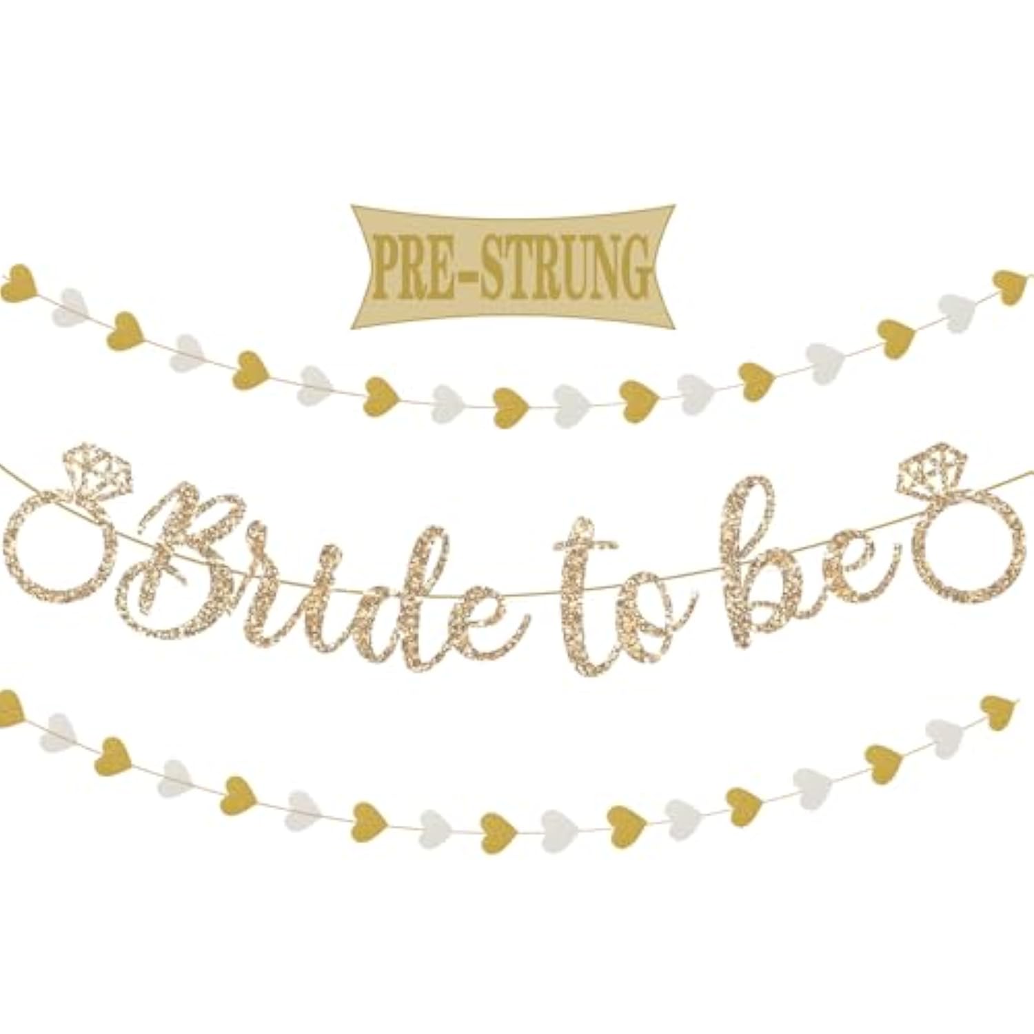 Pre-Strung Bride To Be Banner,Gold Glitter Banner Sign With 2Pcs Heart Streamers Garland For Bachelorette Party Decorations, Bridal Shower Wedding Engagement Hen Party Decorations Supplies