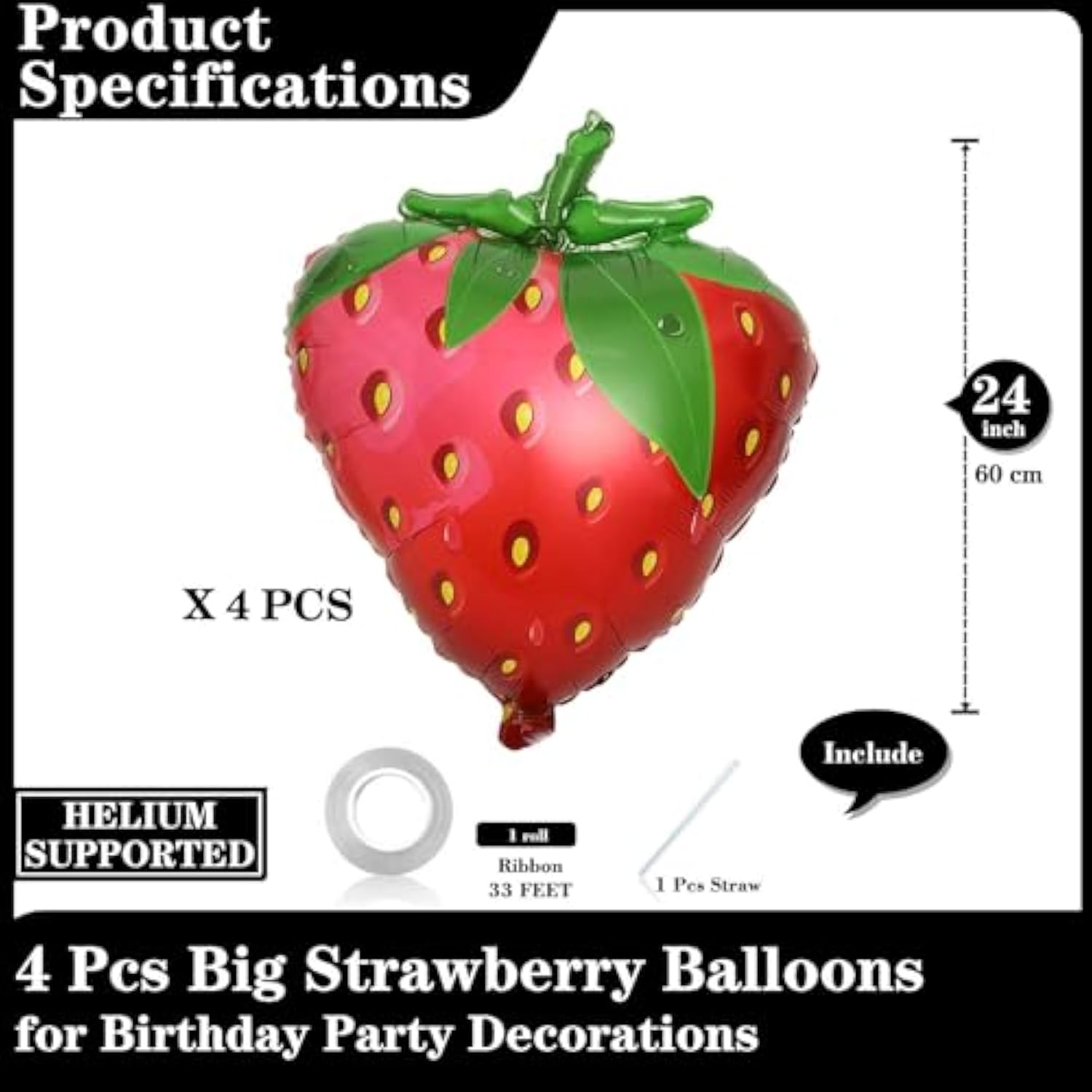 4 Giant Strawberry Balloons 24" Cute Foil Fruit-Themed Party Decorations