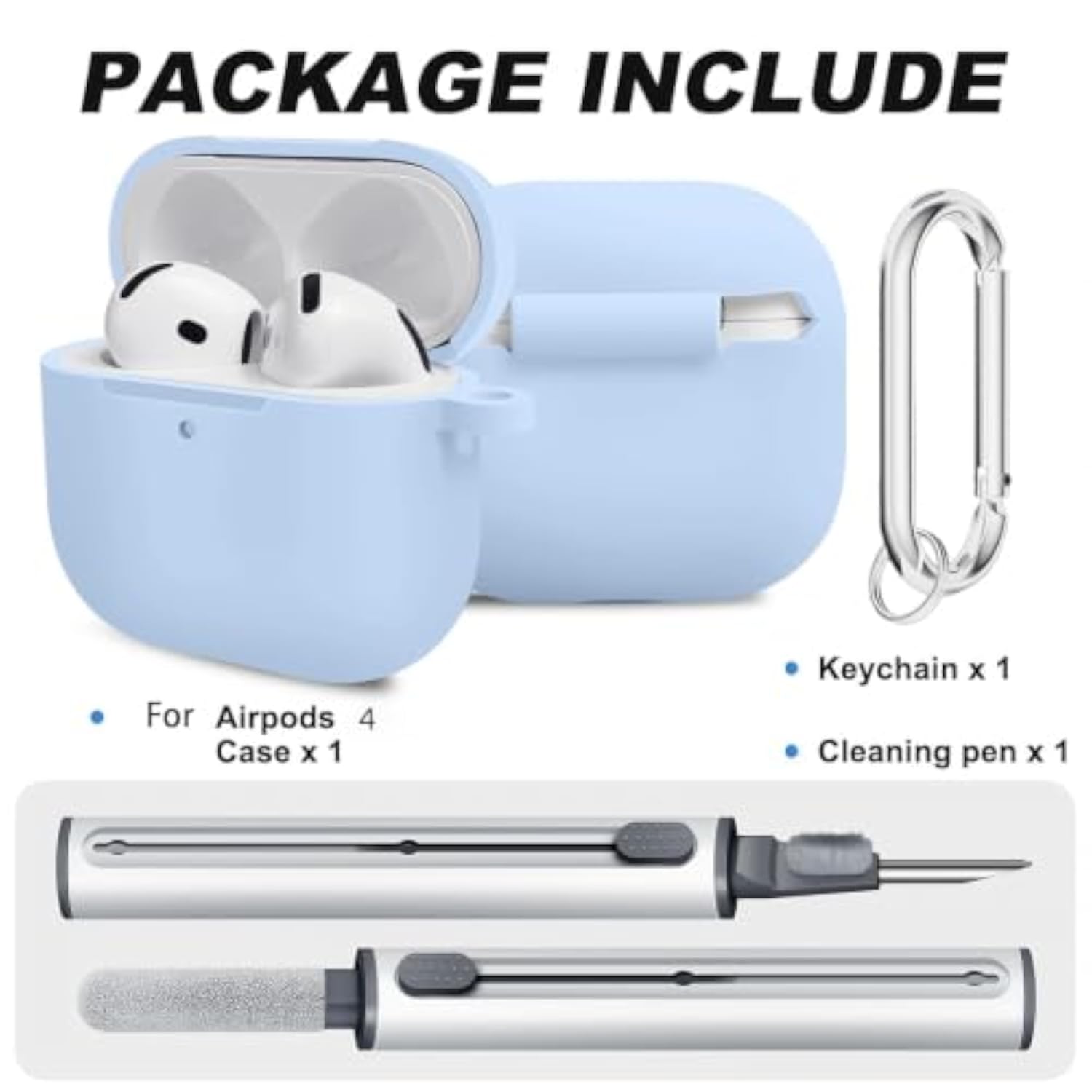 Soft Skin Silicone Case Cover for AirPods 4th Generation with Keychain and Cleaner Kit, Sky Blue, Compatible with AirPods 4th Gen Case, Protective Case for Men and Women