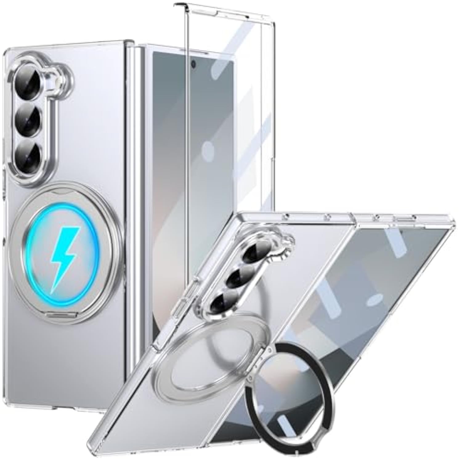 For Samsung Galaxy Z Fold 7 Case With Rotating Ring Stand, [Wireless Charging] Z Fold7 Magnetic Case With Screen Protector Camera Protector Slim Pc Kickstand Clear Cover For Z Fold 7 Silver