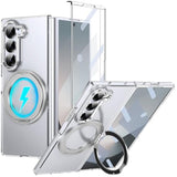 For Samsung Galaxy Z Fold 7 Case With Rotating Ring Stand, [Wireless Charging] Z Fold7 Magnetic Case With Screen Protector Camera Protector Slim Pc Kickstand Clear Cover For Z Fold 7 Silver