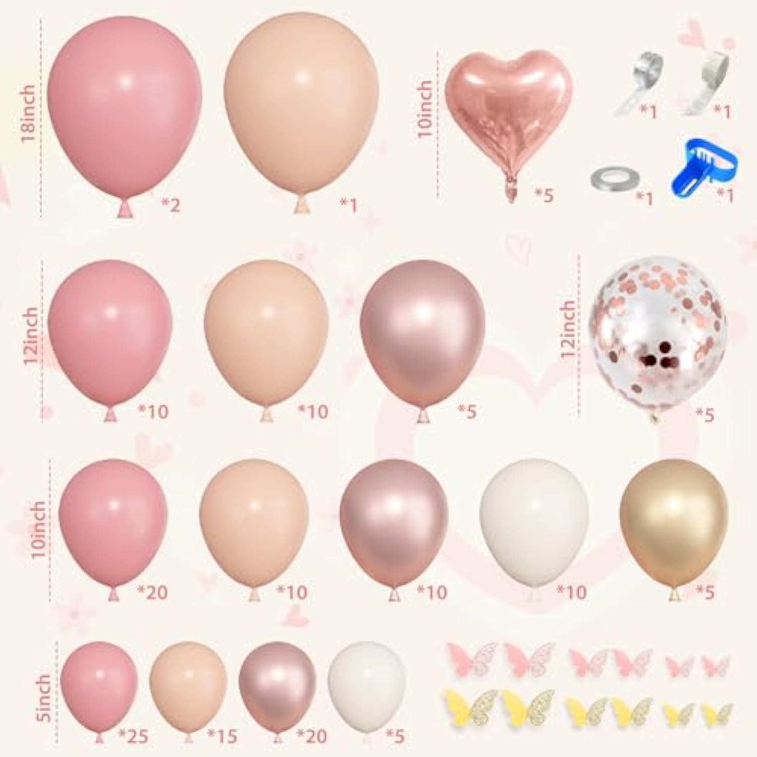 174Pcs Boho Blush Pink Balloons Arch Garland Kit, Retro Dusty Pink Balloons Nude Rose Gold Confetti For Girls Baby Shower Weddings Birthday Bachelorette Party Decorations