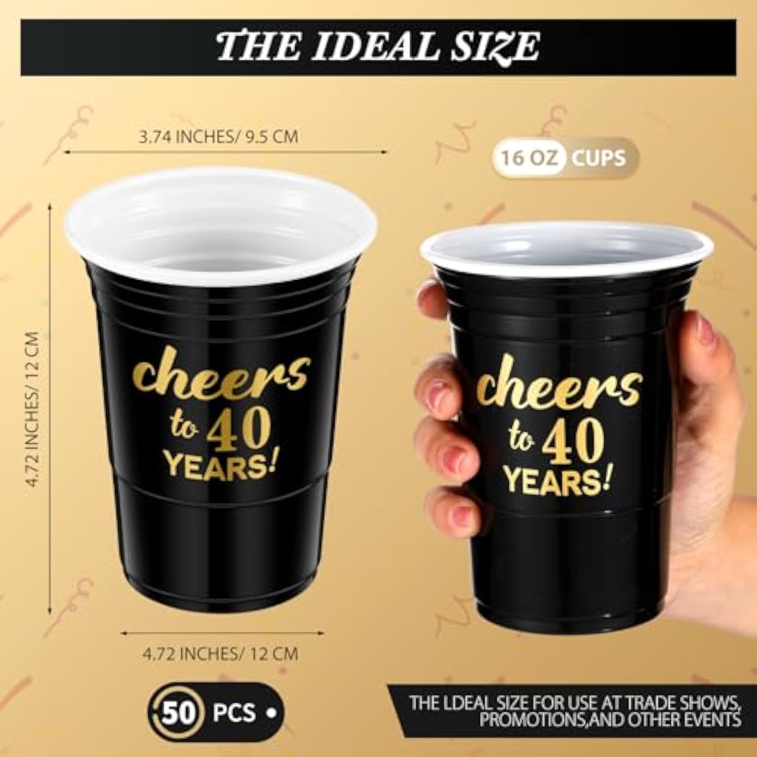 50 Pcs Cheers To 40 Years 16 Oz Birthday Party Disposable Cups Black Gold Plastic Tumbler Cups For 40Th Birthday Squad Tumblers For Wedding Anniversary Supplies Decorations