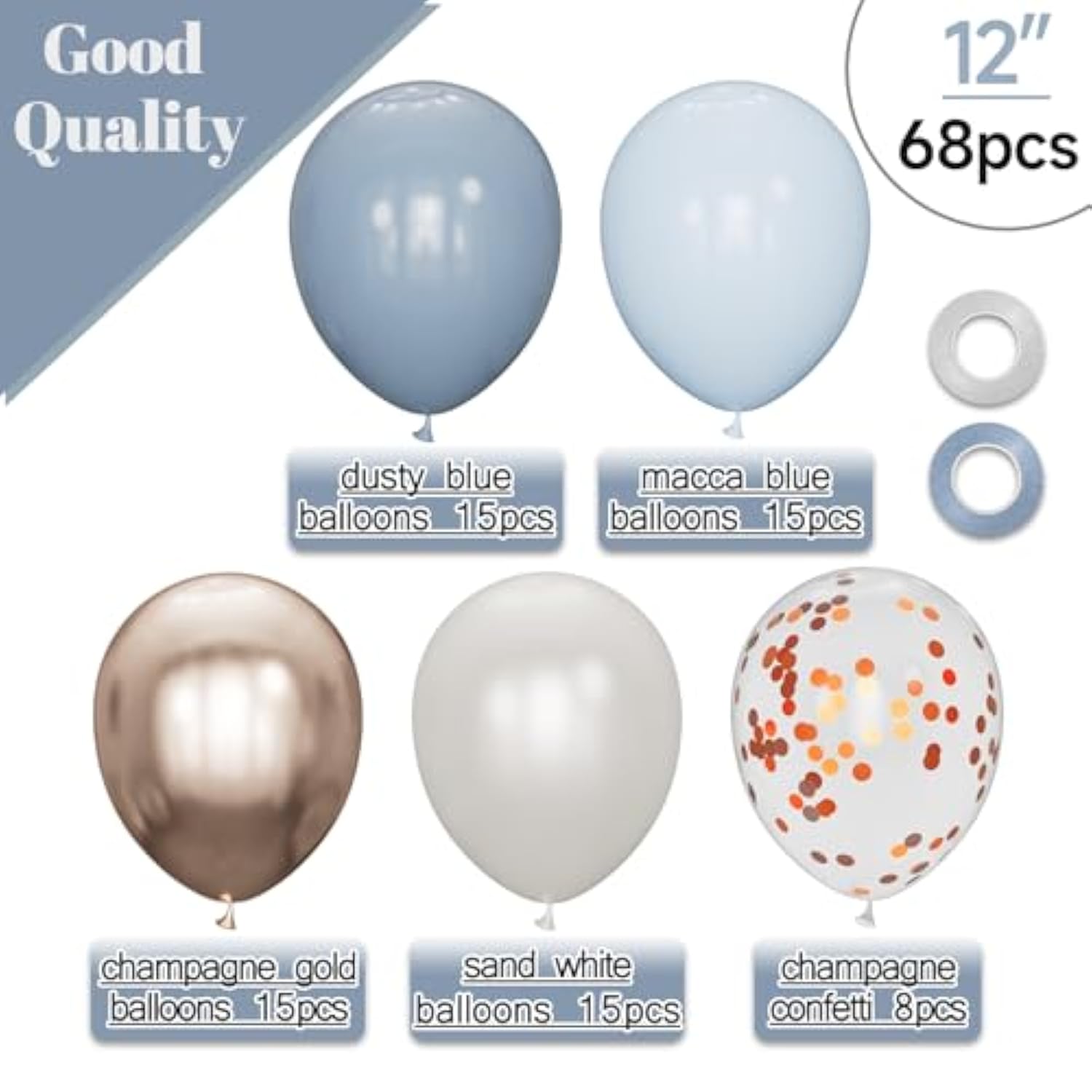68Pcs Dusty Blue And Champagne Gold Balloons 12 Inch Sand White Pastel Baby Blue Confetti Balloon For Boy Baby Shower Bridal Shower Birthday Wedding Party Decorations.