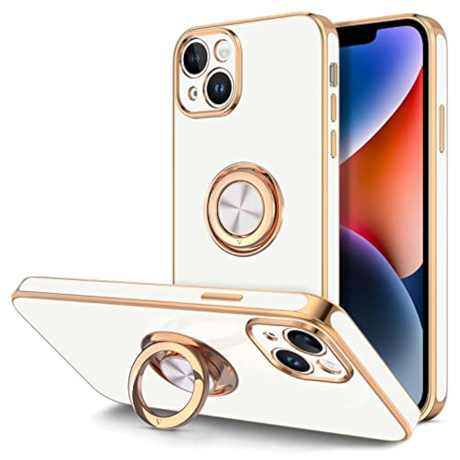 For Iphone 14 Plus Case With Ring Stand [360° Rotatable Ring Holder Magnetic Kickstand] [Support Car Mount] Plated Gold Edge Soft Tpu Luxury Shockproof Protective Phone Case Cover, White