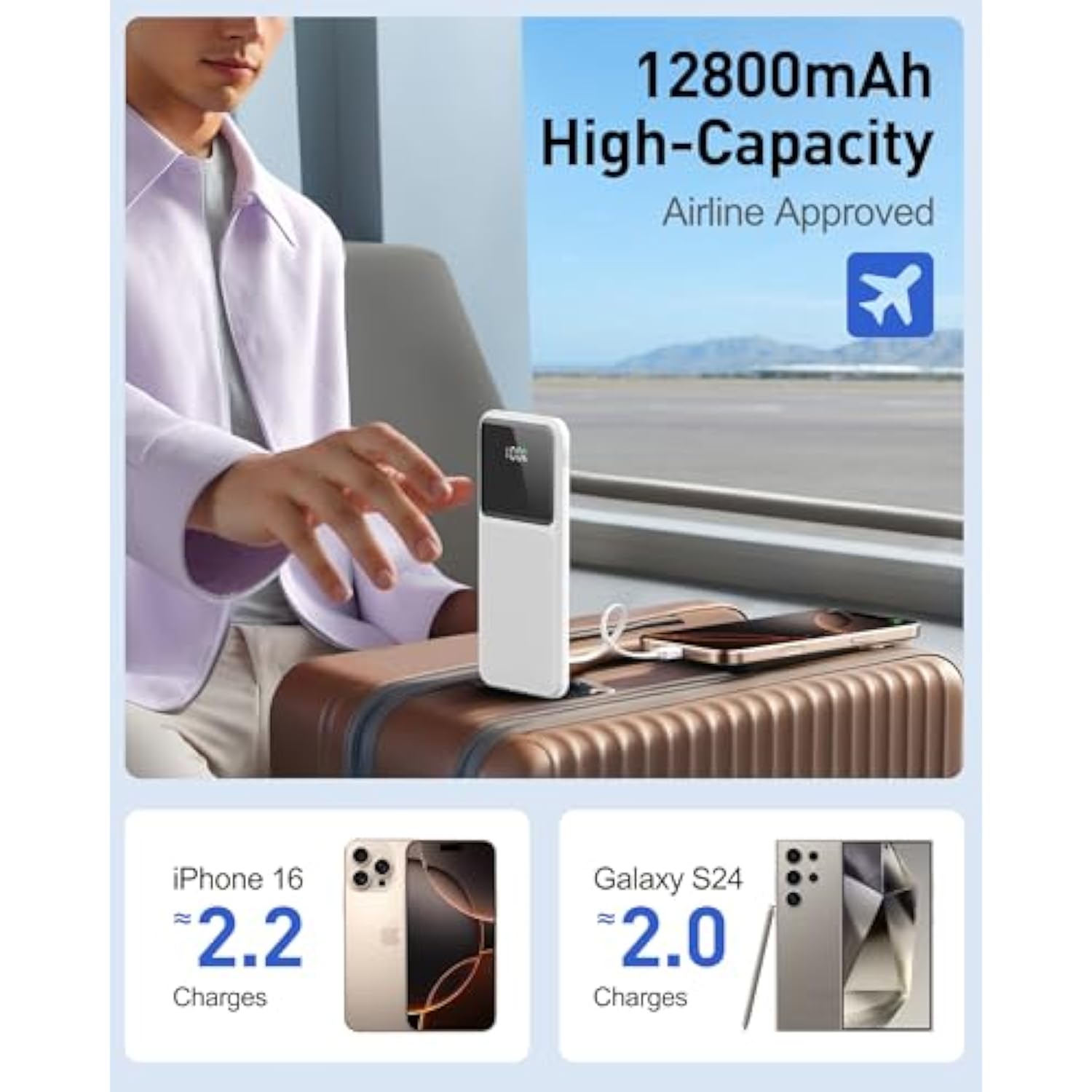 12800Mah Portable Charger With Built In Cables, 22.5W 3A High Speed Charging Travel Essentials, Led Display Slim Powerbank, 4 Outputs 2 Inputs Built-In Usb C&Lightning Cables For Iphone Ipad Android