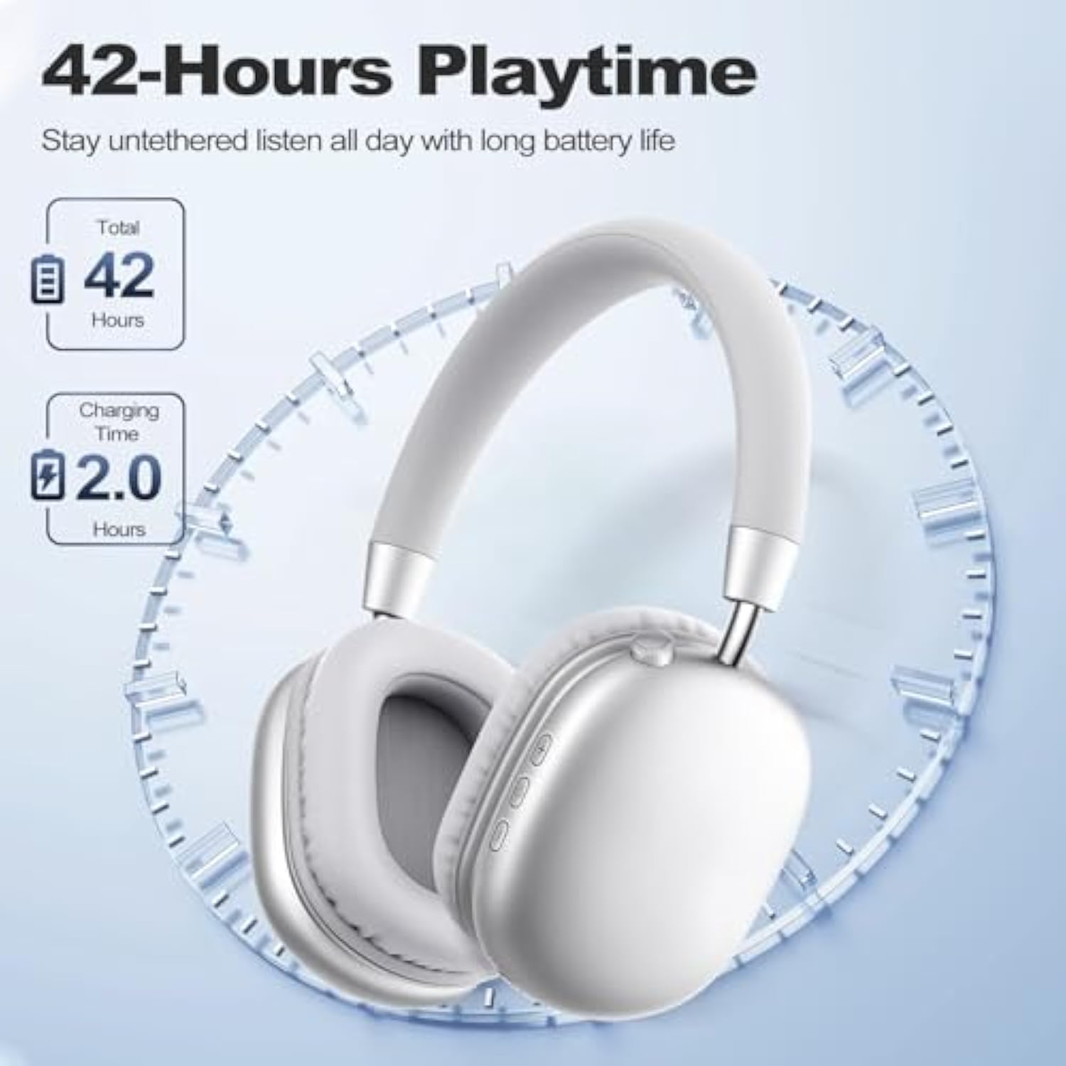 Wireless Headphones Over-Ear Bluetooth Adjustable 42 Hours Of Listening Time Volume Control, Fitting In Gaming/Running/Sports Headphones For Iphone/Android/Samsung -Silver