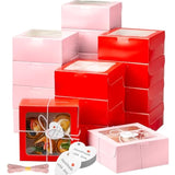 50 Pcs Valentine'S Day Red Pink Bakery Boxes With Window 6X6X3 Inch Pink Red Cookie Treat Dessert Cupcake Charcuterie Box With Rope And Card For Valentines Wedding Baked Goods Gift Giving