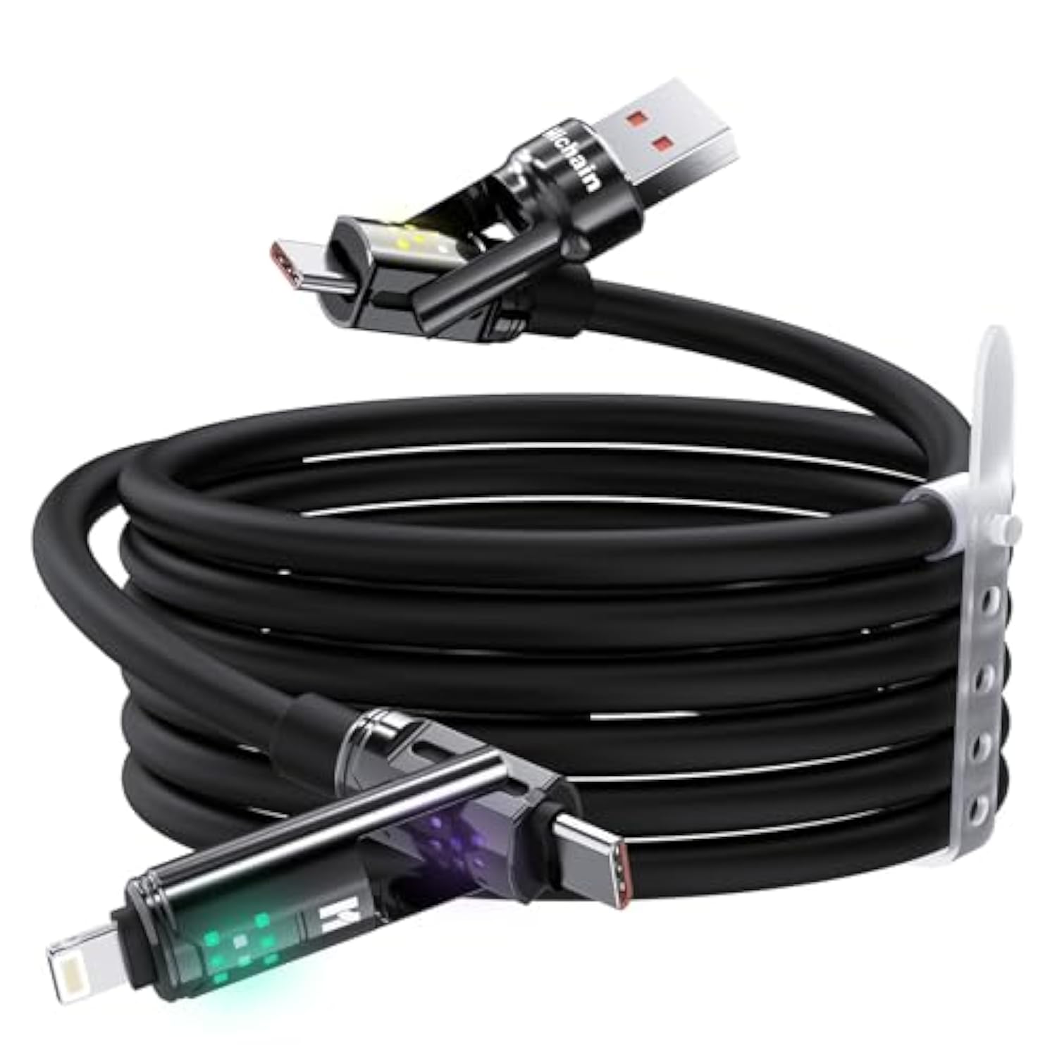 4 In 1 Charging Cable, 100W Fast Charging Usb C Cable With Breathing Light, Chubby Usbc Cables Usb A/C To C/Lightning, 4Ft Multi Chargers Cord For Iphone Ipad Galaxy Macbook Laptop