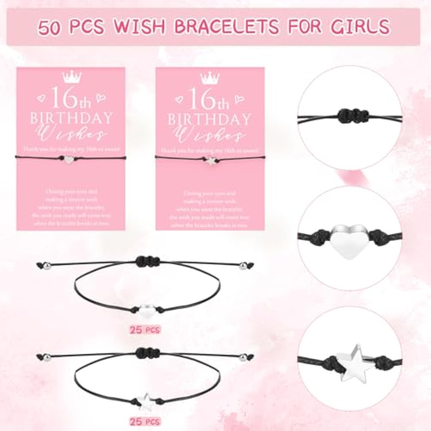 25 Set Sweet 16Th Birthday Party Favors For Guests Include Adjustable Heart Star Charm Bracelets Bracelets Gift With Thank You Wish Cards For Birthday Party Supplies Decor