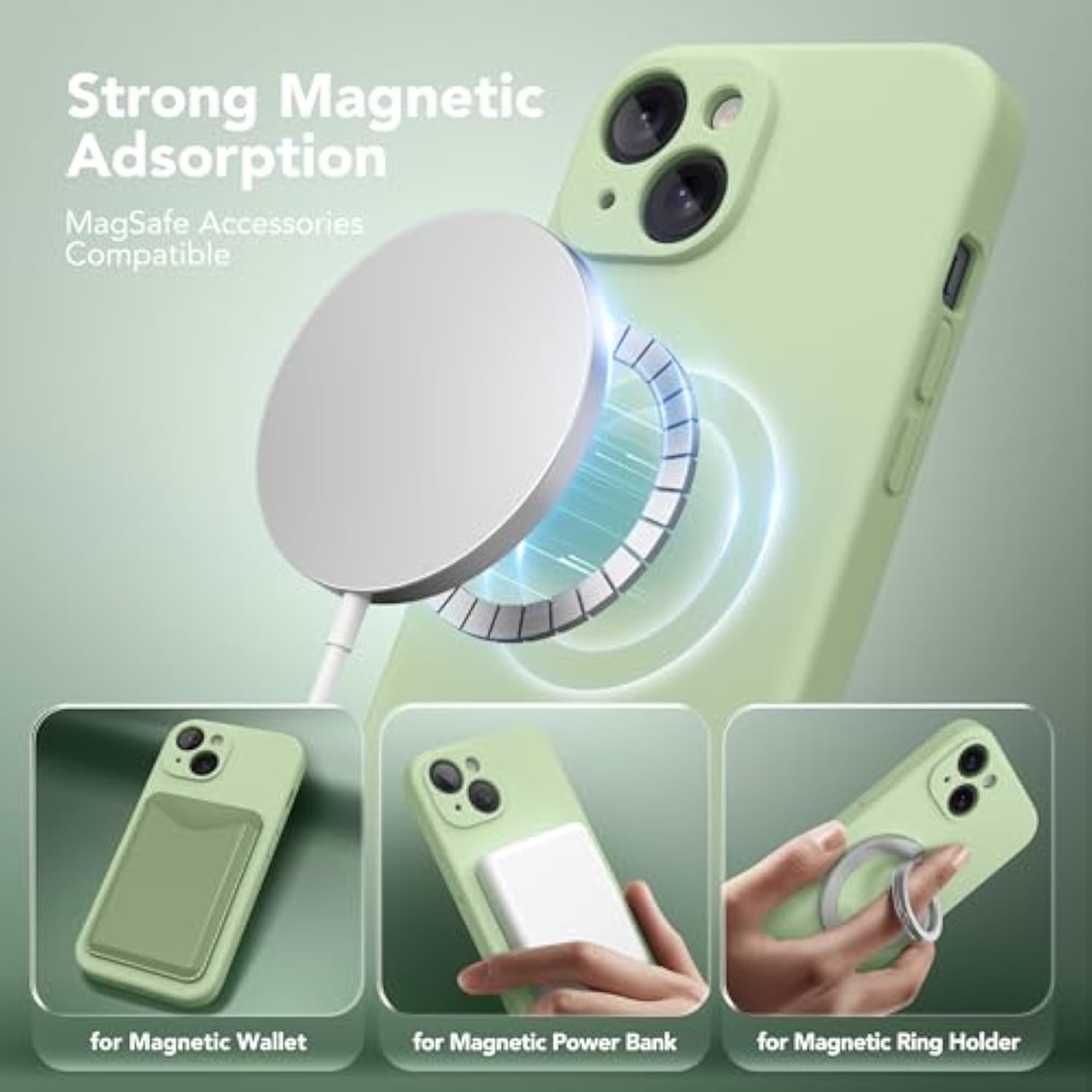 Magnetic For Iphone 15 Plus Case, Compatible With Magsafe, [Full Camera Protection][Screen Protector] Silicone Shockproof Protective Phone Case For Iphone 15 Plus 6.7", Matcha
