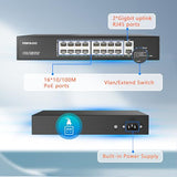 16 Port Poe Switch, High Power 300W, 16 Poe+ 100Mbps Ports With 2 Gigabit Uplink Ethernet Ports, Unmanaged Plug And Play, Each Port Up To 30W, 802.3Af/At Compliant, Rack Mount