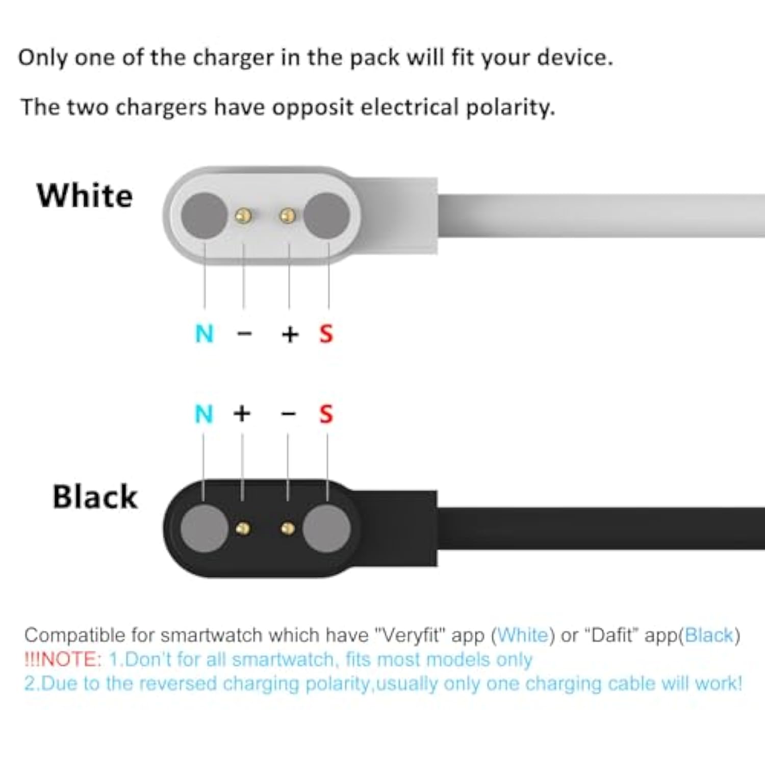 2-Pack Charger Compatible With Veryfit/Da Fit Smart Watch Charger, Replacement Opposite Polarity Charging Cable For Smart Watch With Da Fit/Veryfit App, 2 Pin Spacing Compatible 2.54Mm (One Fit)