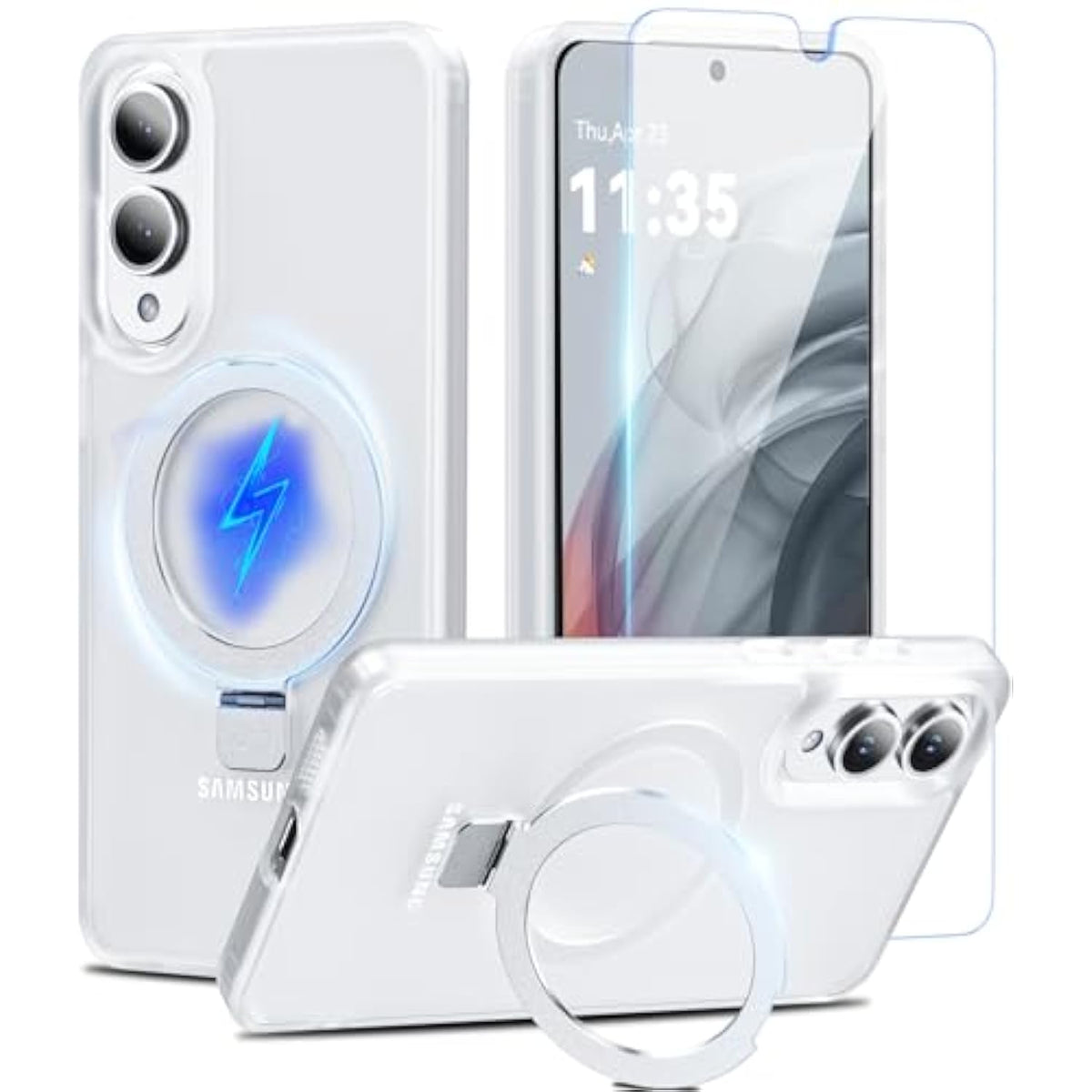 For Samsung Galaxy S25 Edge Case With Stand, Magnetic Case For Magsafe With Screen Protector Matte Translucent Cover With Kickstand & Ring Holder For Galaxy S25 Edge, White