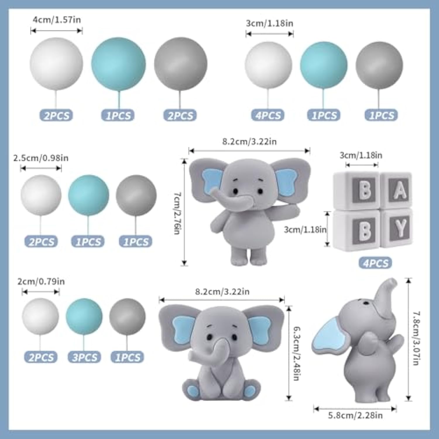 28 Pcs Elephant Cake Toppers Balls Cake Decorations Diy Cake Topper For Boy Girl Baby Shower Birthday Party Decorations (Blue)