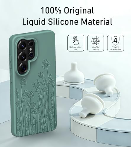 for  Galaxy S26 Ultra Case Compatible with MagSafe, Engraved Floral Liquid Silicone Design Thin Slim Grip Soft Shock Proof Phone Case for