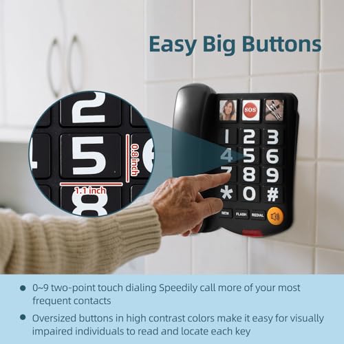 Extra-Loud (110Db) Landline Phone For Seniors & Hearing Impaired - Hearing Aid Compatible, Large Button Corded Phone With 3 Photo Speed Dial, Speakerphone,Easy For Alzheimers Visually Impaired - Black