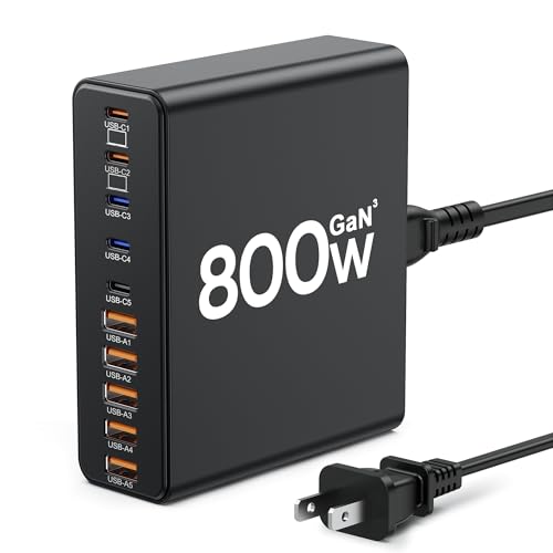 800W USB C Charger Block,10-Port Charging Station GaN Fast Charging Type C & USB A Wall Charger Adapter for MacBook Pro/Air,iPhone,iPad,Dell