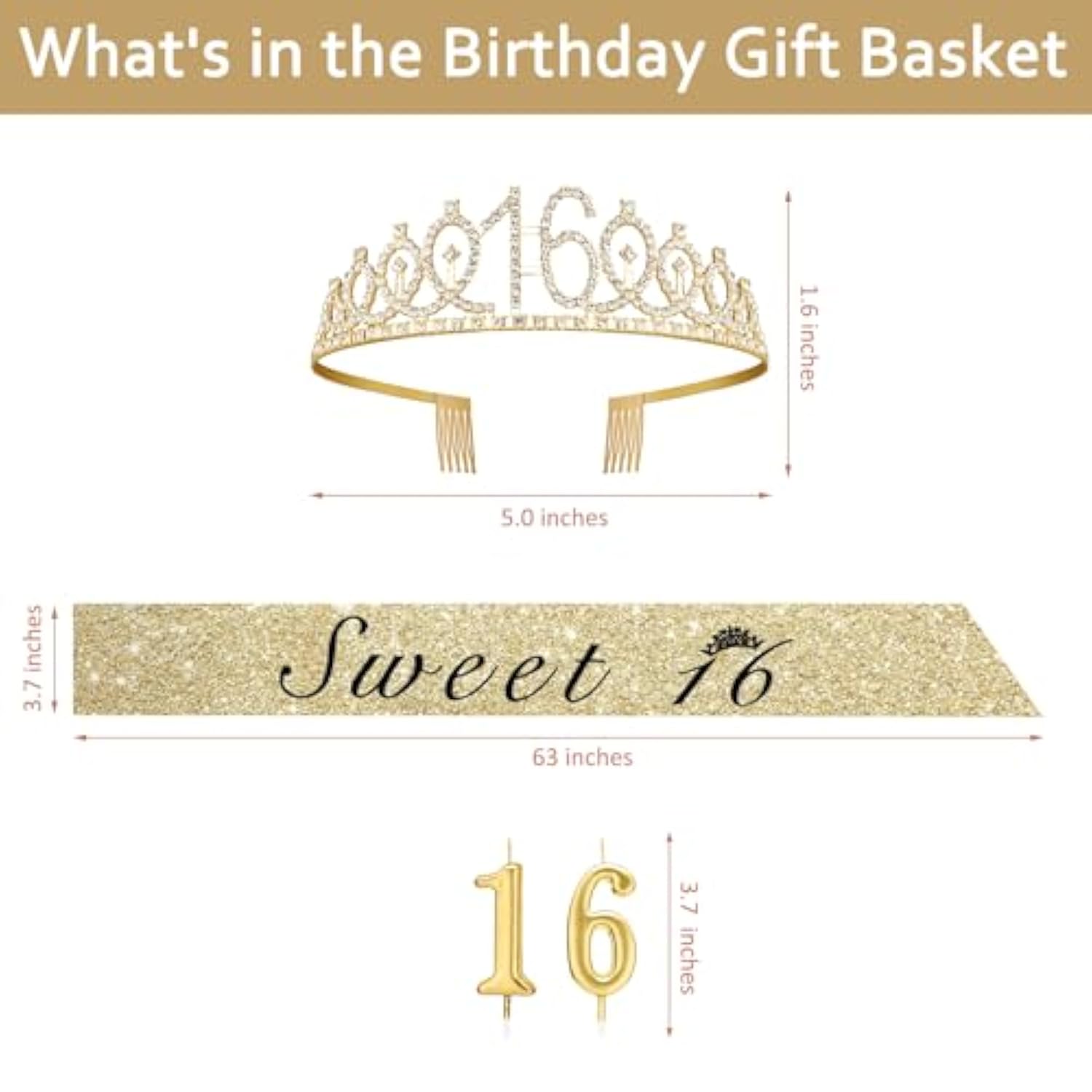 Sweet 16 Party Decorations For Girls With Sweet 16 Sash Gold, Rhinestone 16Th Birthday Tiara, 16 Candles Gold, 16Th Birthday Gifts For Girls