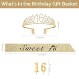 Sweet 16 Party Decorations For Girls With Sweet 16 Sash Gold, Rhinestone 16Th Birthday Tiara, 16 Candles Gold, 16Th Birthday Gifts For Girls