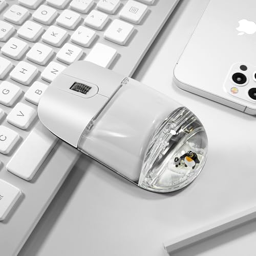 Aqua Wireless Mouse Cute Clear Water Mice Silent For Pc Laptop Computer Macbook Kids Girl Women Gift With Liquid Water & Floater Penguin-White