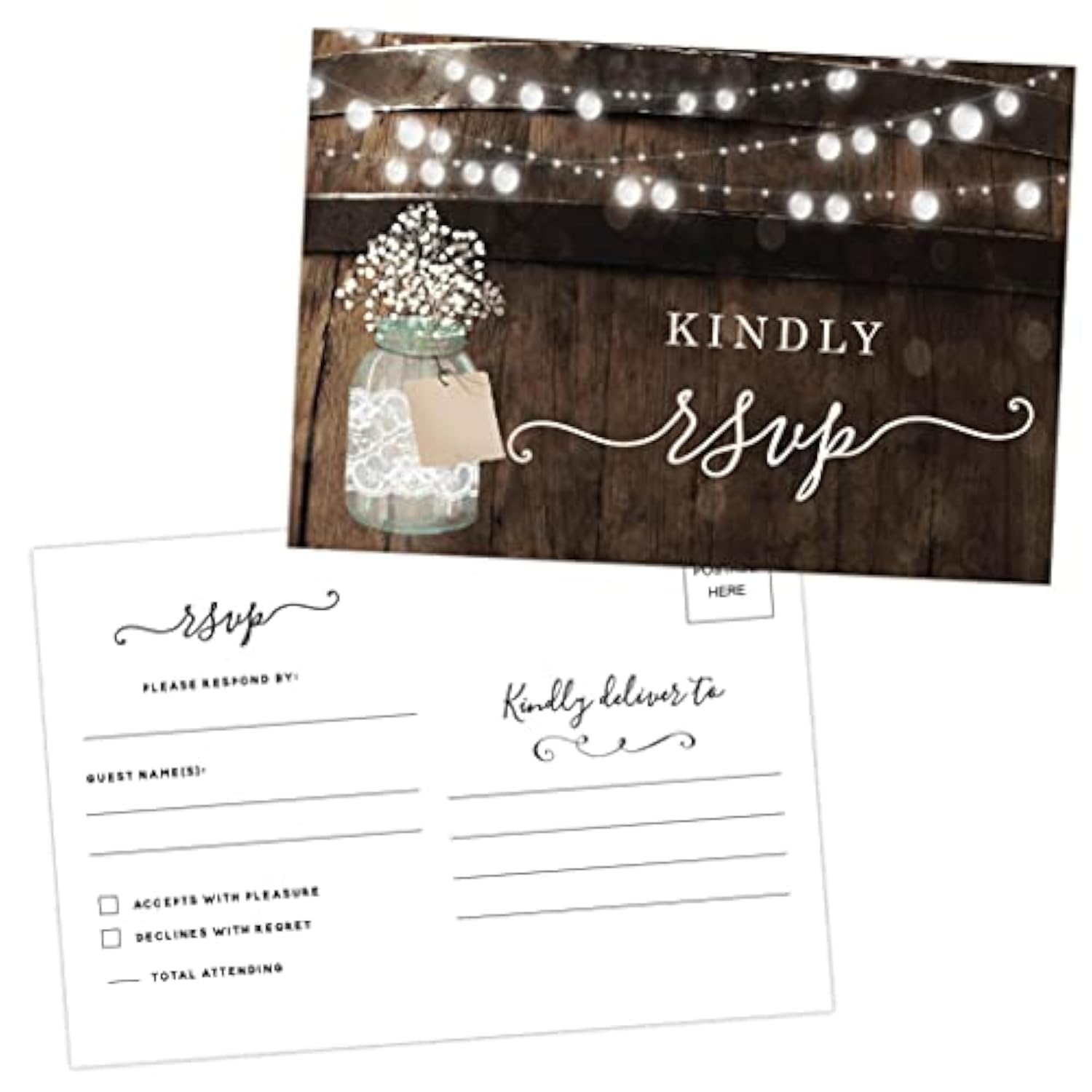 50 Rustic Mason Jar Rsvp Postcards For Wedding, Response Cards, Reply Cards Perfect For Bridal Shower, Rehearsal Dinner, Engagement Party, Baby Shower