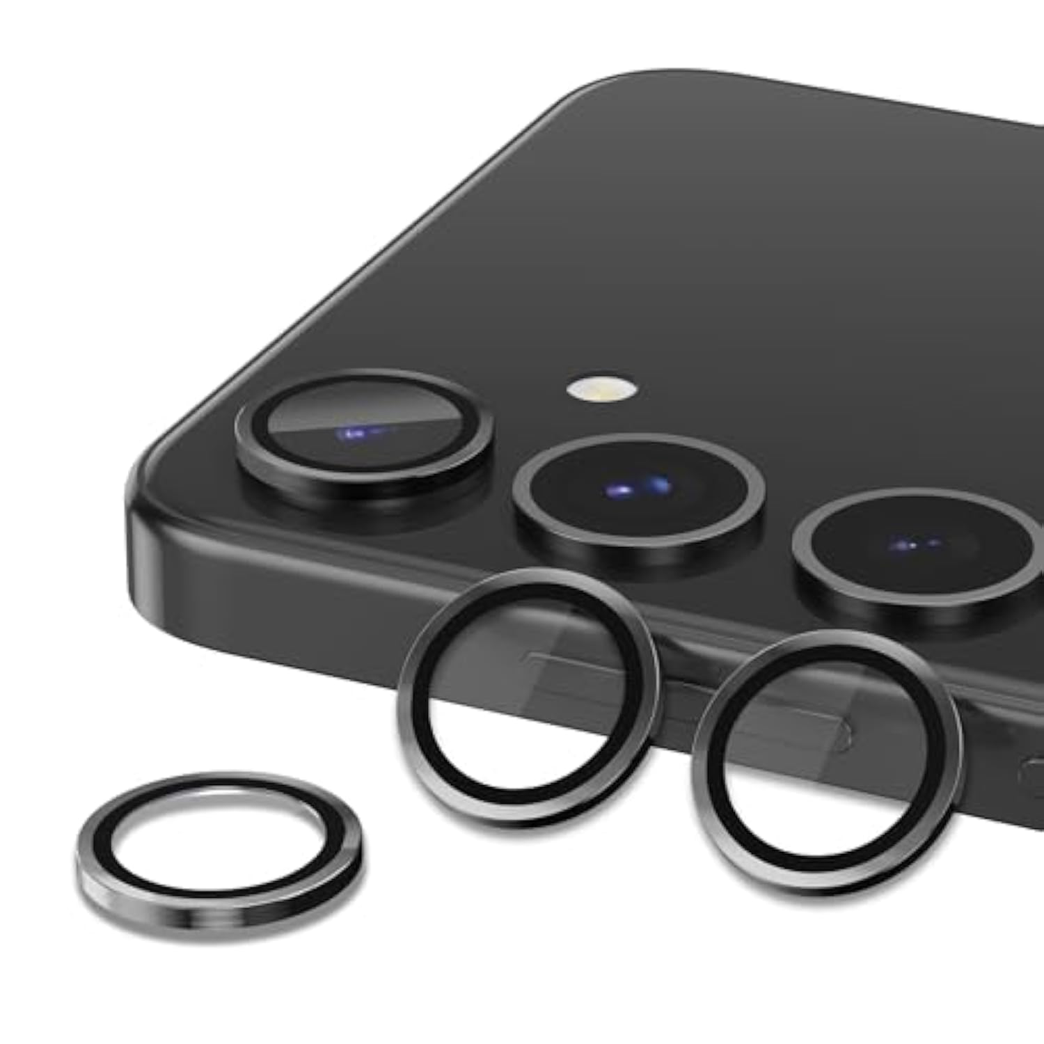 For Samsung Galaxy S25 Plus Camera Lens Protector, Individual Metal Ring Tempered Glass Lens Cover, [Strong Adsorption] Scratch Resistant Ultra-Thin Hd Clear Lens Cover, 1 Set-Black